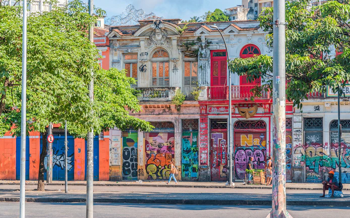 Colorful graffiti-covered buildings in Favela Santa Marta, Rio de Janeiro, Brazil.