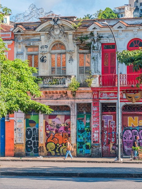 Colorful graffiti-covered buildings in Favela Santa Marta, Rio de Janeiro, Brazil.
