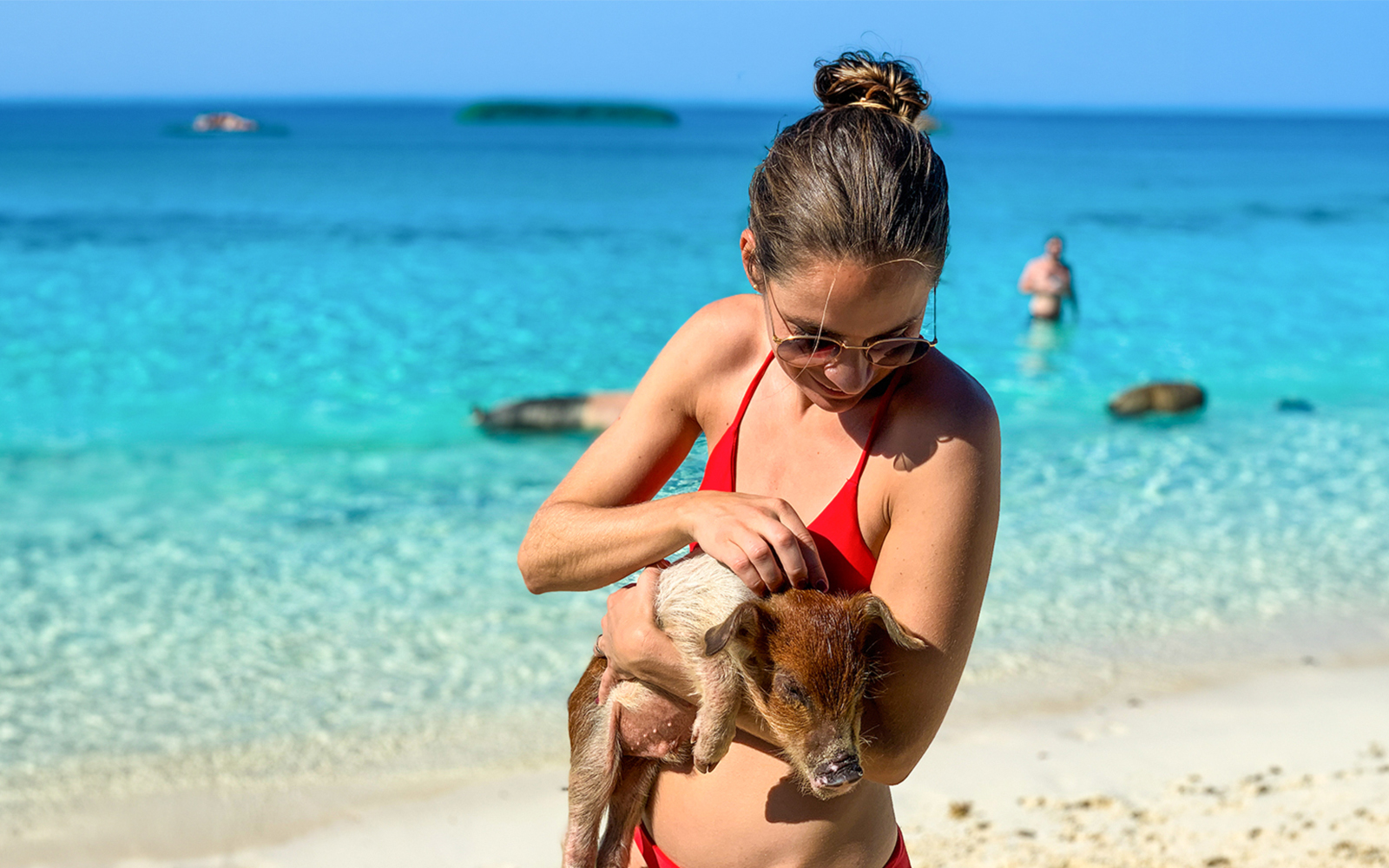 Woman holding a piglet on a beach at Rose Island, Nassau, Bahamas.