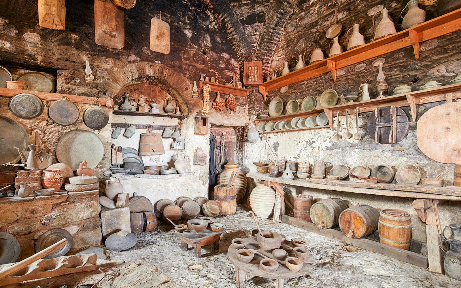 Great Meteoron Holy Monastery interior with ancient kitchenware and pottery.