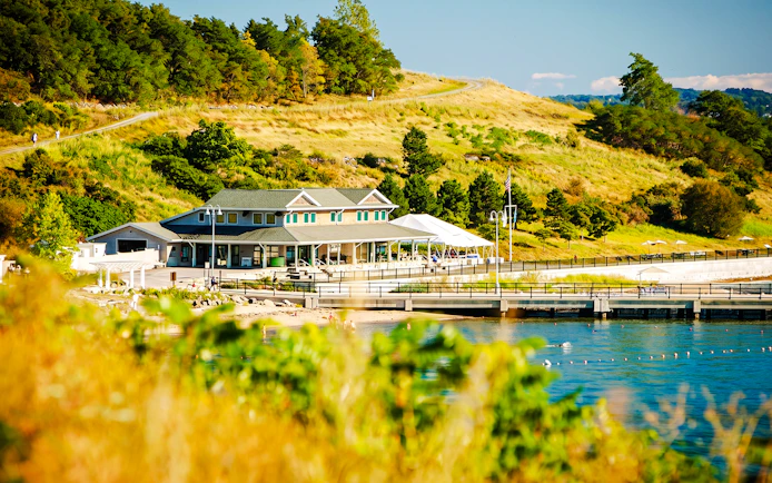 Ferry dock and visitor center on Spectacle Island, Boston Harbor.