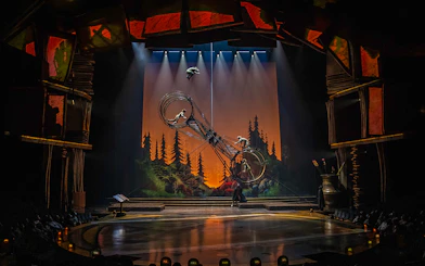Acrobats performing on a rotating wheel in Cirque du Soleil's "Drawn to Life" show.