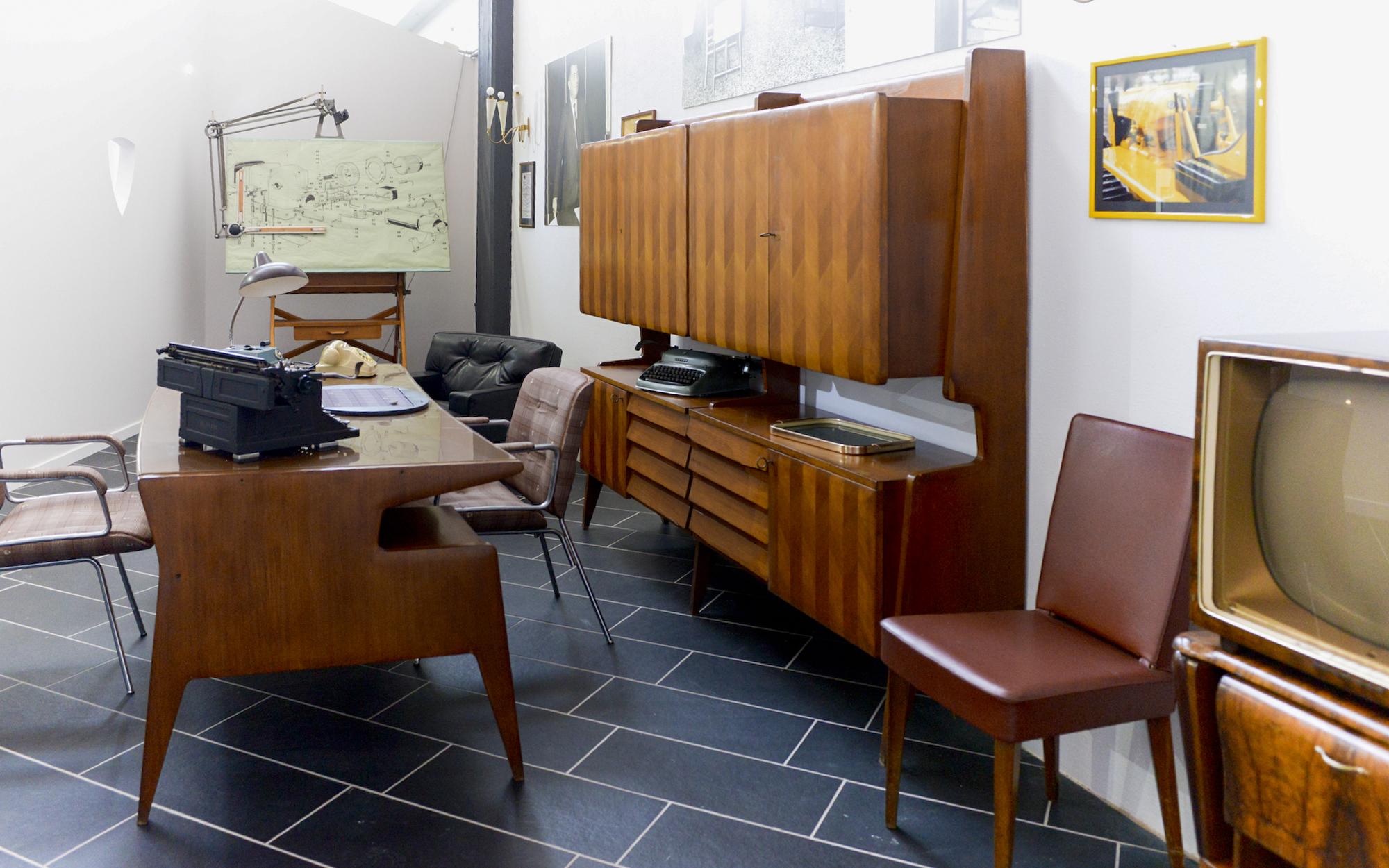 Ferruccio Lamborghini Museum office with vintage furniture and typewriter, Bologna, Italy.