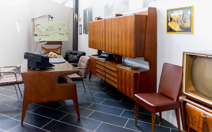 Ferruccio Lamborghini Museum office with vintage furniture and typewriter, Bologna, Italy.