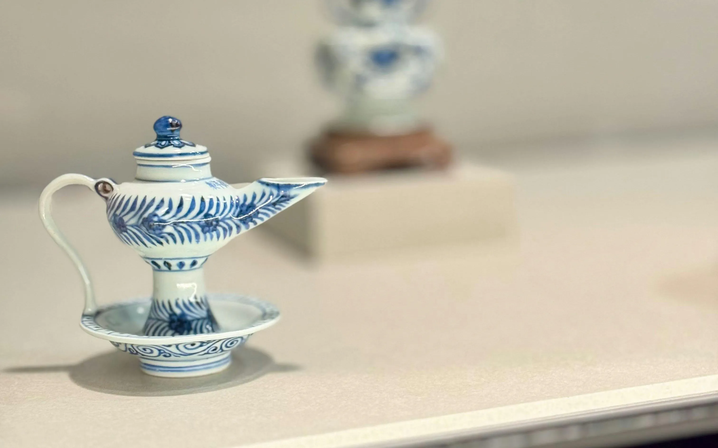 Blue and white porcelain teapot on display at National Palace Museum, Taipei.