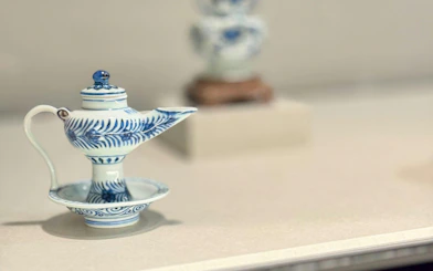 Blue and white porcelain teapot on display at National Palace Museum, Taipei.