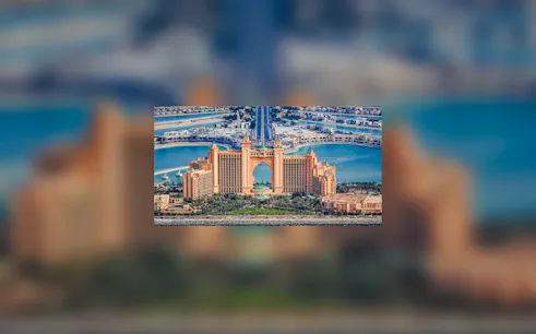 Atlantis The Palm hotel on Palm Jumeirah, Dubai, viewed from above.