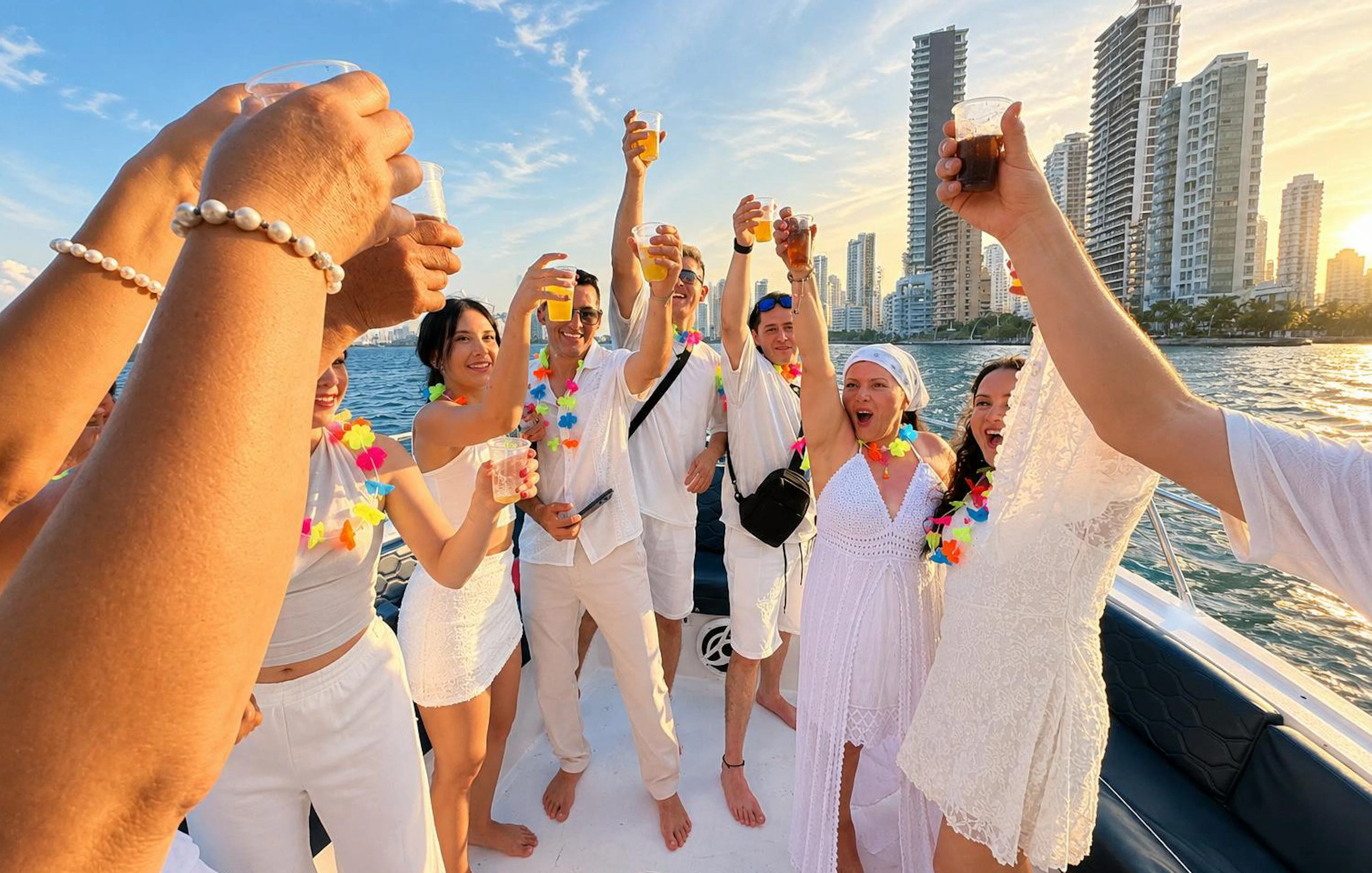 Group celebrating on a boat during a sunset party cruise in Cartagena.