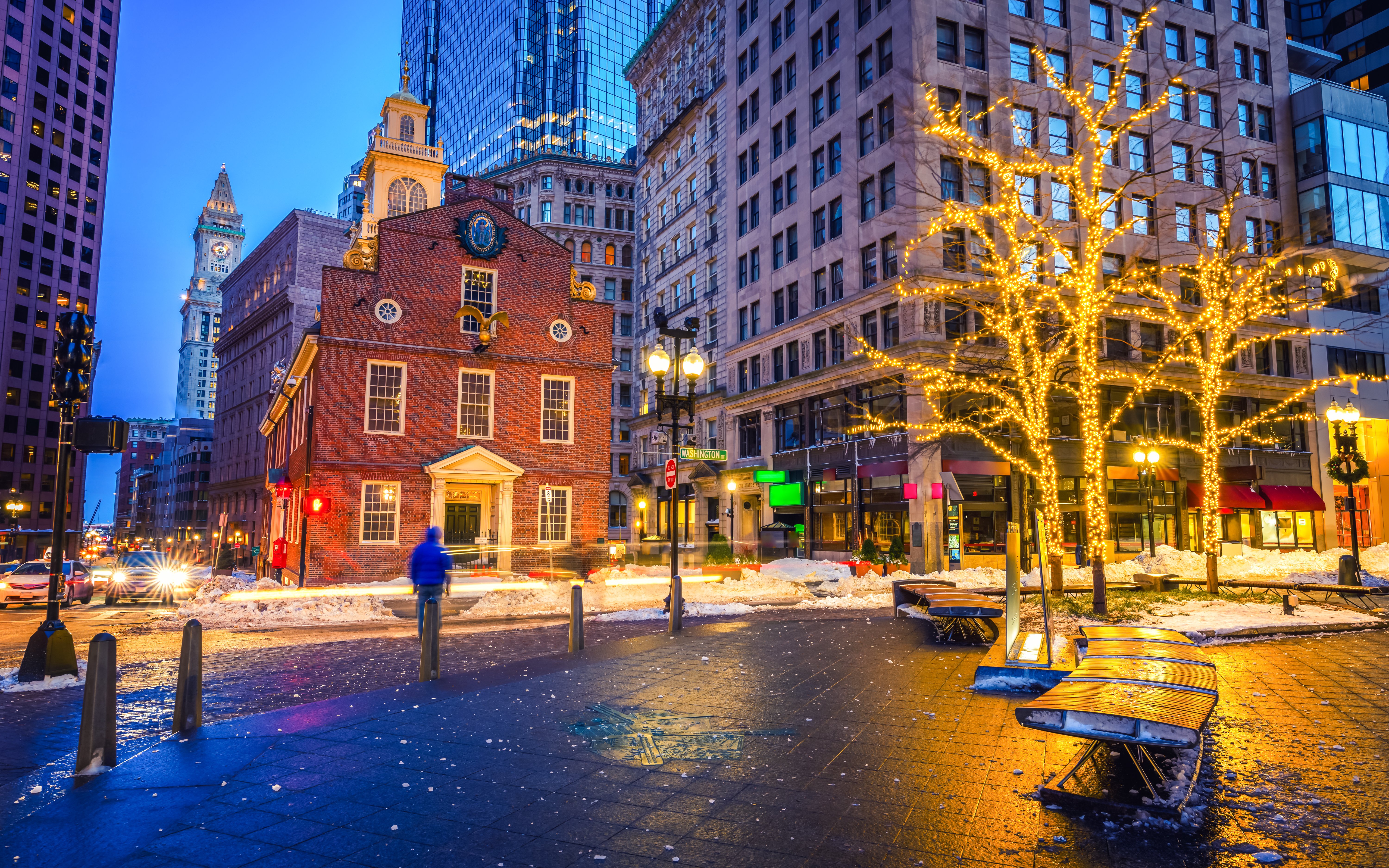 Freedom Trail Boston at night with Old State House and holiday lights.