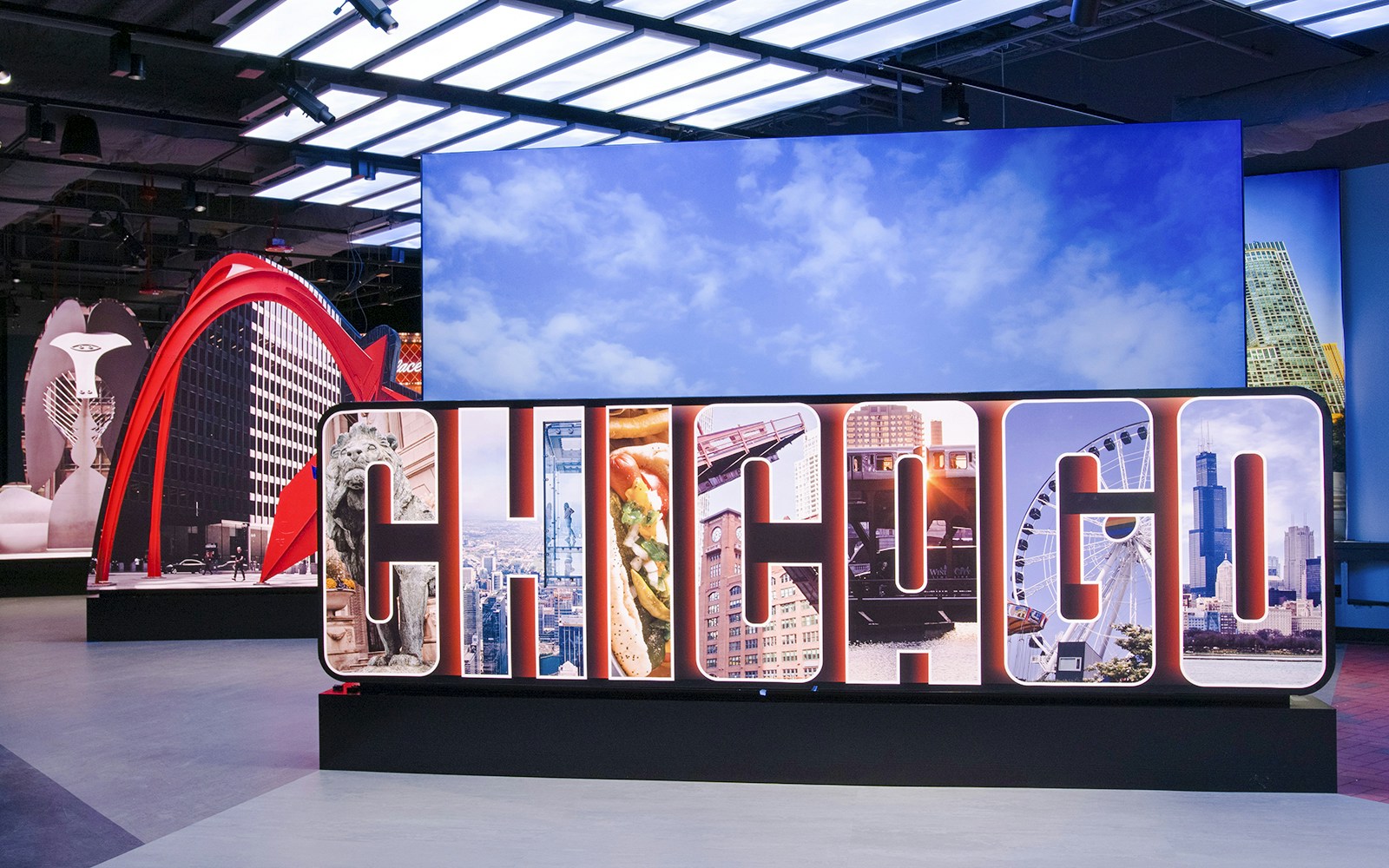 Skydeck Chicago exhibit with city skyline view from Willis Tower.