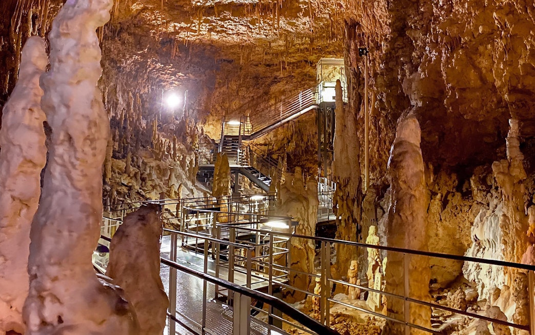 Stalactites and stalagmites inside Gyokusendo Cave at Okinawa World, Japan.