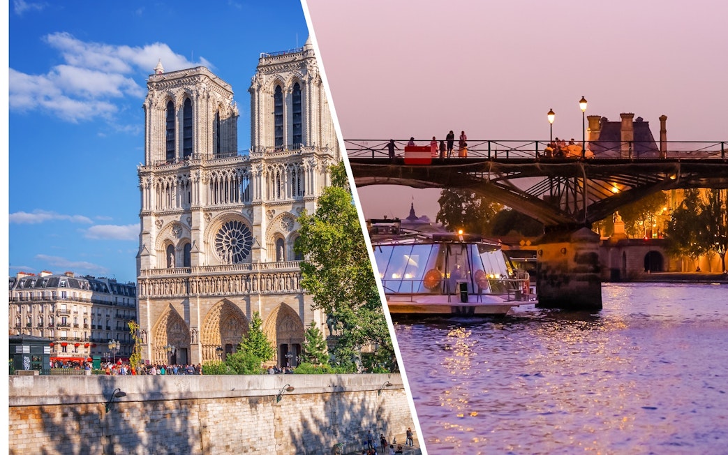 Bateaux Parisiens cruise under a bridge at sunset in Paris, France, near Notre-Dame Cathedral.