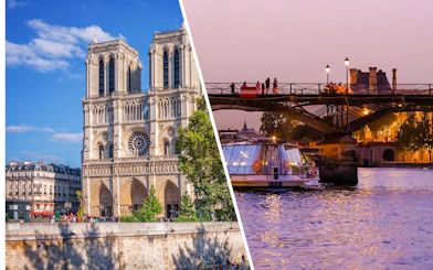 Bateaux Parisiens cruise under a bridge at sunset in Paris, France, near Notre-Dame Cathedral.