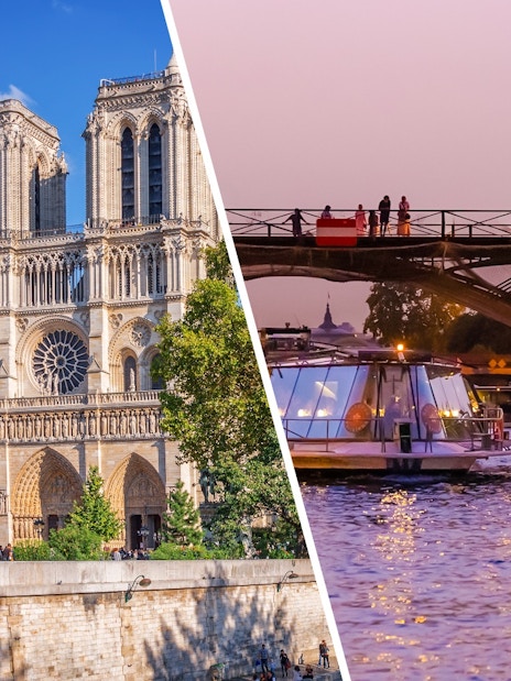 Bateaux Parisiens cruise under a bridge at sunset in Paris, France, near Notre-Dame Cathedral.