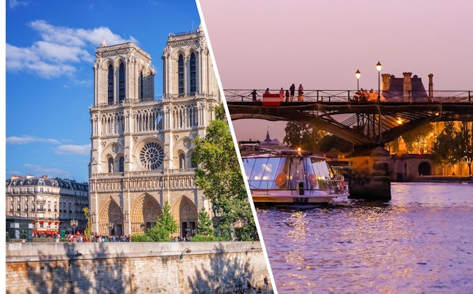 Bateaux Parisiens cruise under a bridge at sunset in Paris, France, near Notre-Dame Cathedral.