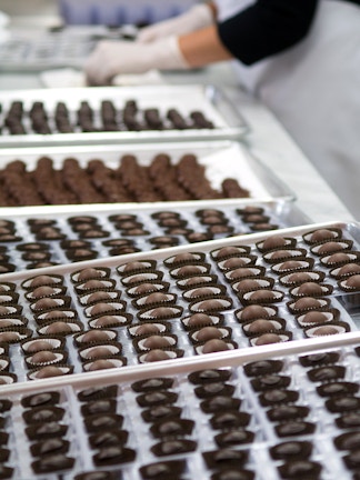 Chocolate truffles being prepared at Choco-Story Paris.