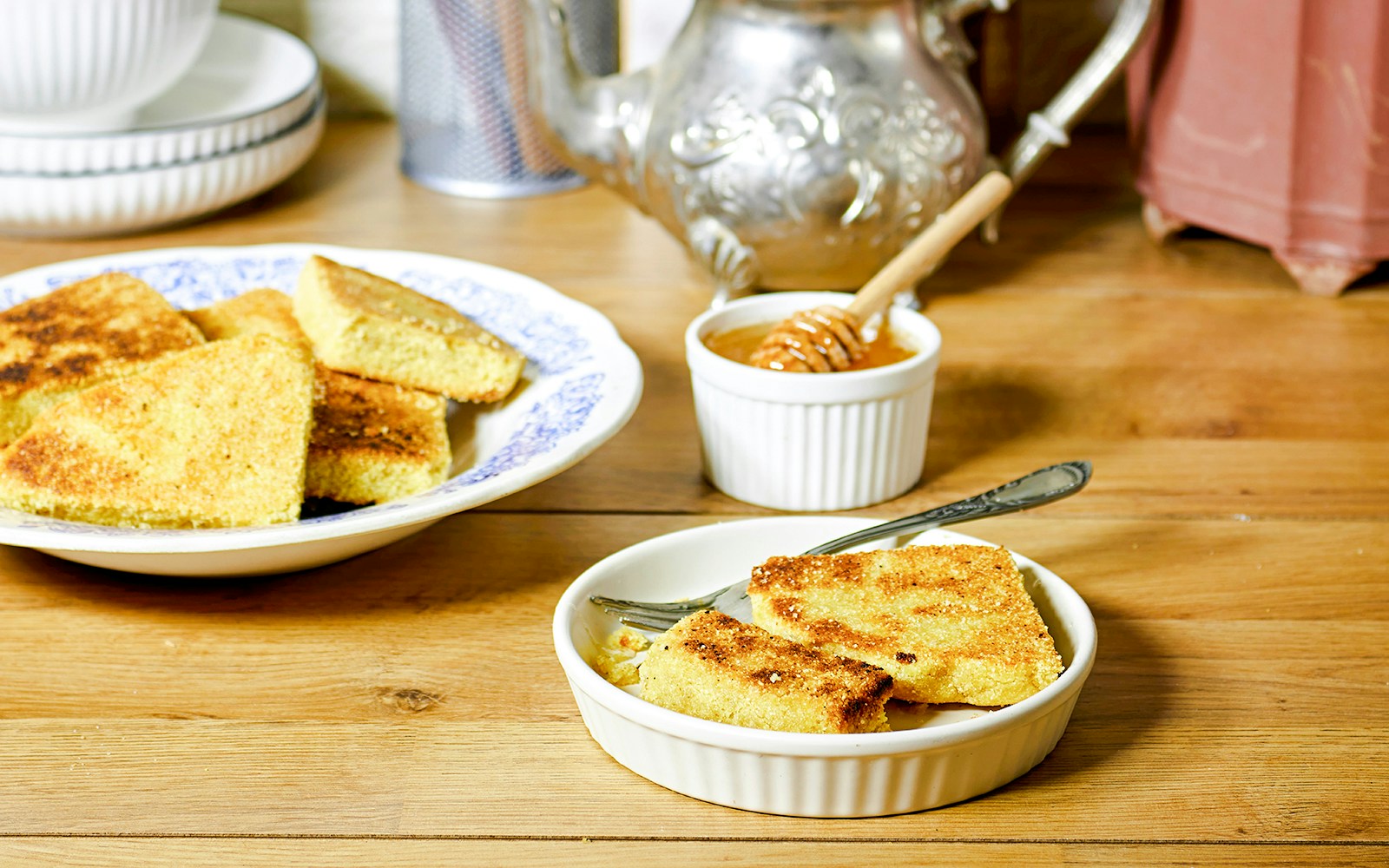 Moroccan semolina pancakes with honey at a dinner show in Marrakech.