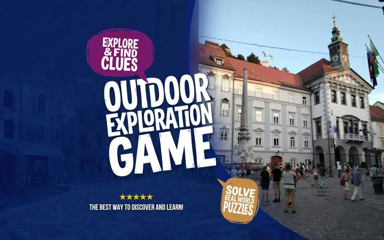 Ljubljana city square with people exploring near historic buildings, part of a self-guided exploration game.