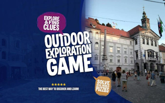 Ljubljana city square with people exploring near historic buildings, part of a self-guided exploration game.