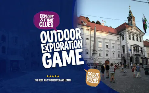 Ljubljana city square with people exploring near historic buildings, part of a self-guided exploration game.