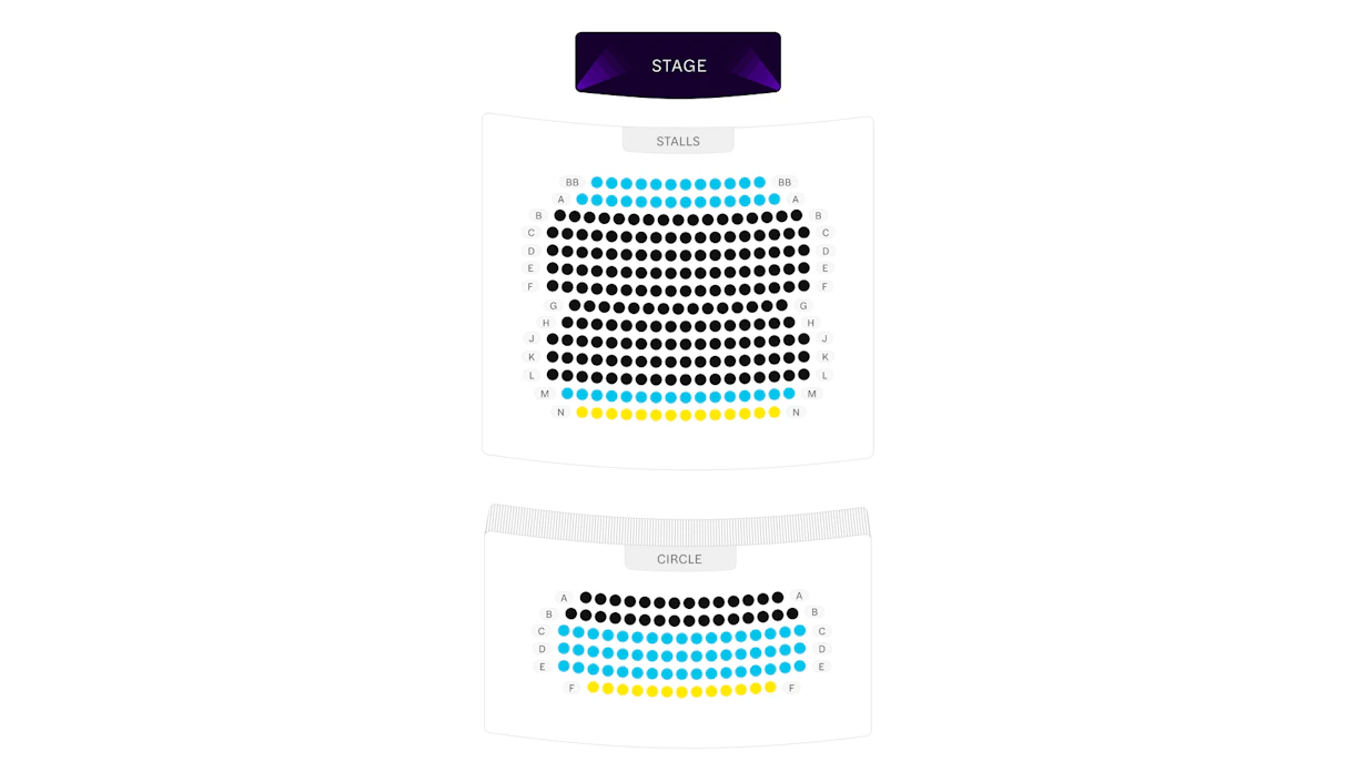 Seating chart for theater with stalls and circle sections.