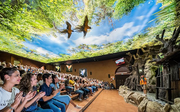 Audience watching a parrot show at Loro Park with a vibrant forest-themed ceiling.