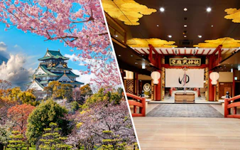 Osaka Castle with cherry blossoms and Solaniwa Onsen entrance, Japan.