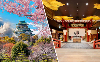 Osaka Castle with cherry blossoms and Solaniwa Onsen entrance, Japan.