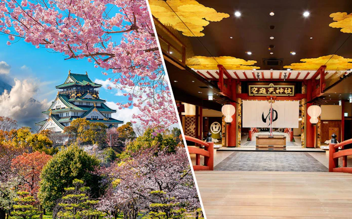 Osaka Castle with cherry blossoms and Solaniwa Onsen entrance, Japan.