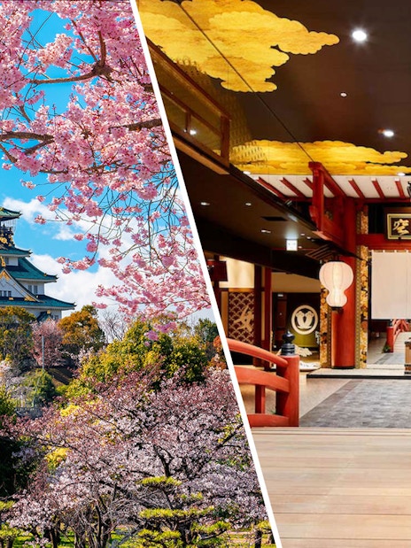 Osaka Castle with cherry blossoms and Solaniwa Onsen entrance, Japan.