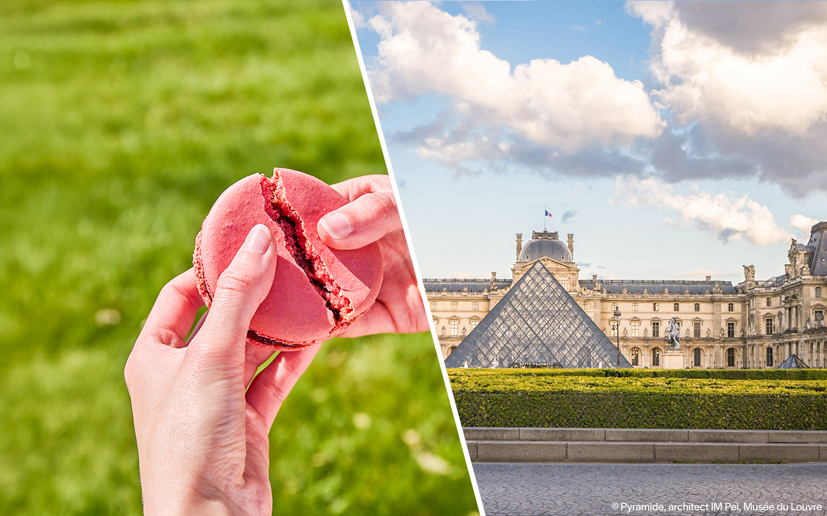 Macaron held in hand with Louvre Pyramid in Paris in the background.