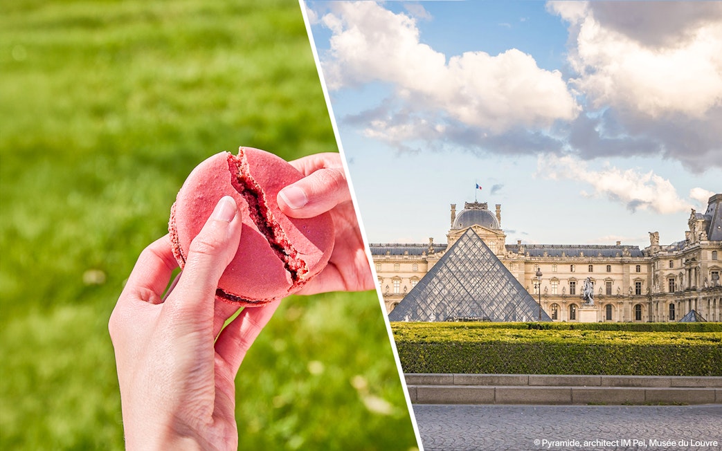 Macaron held in hand with Louvre Pyramid in Paris in the background.