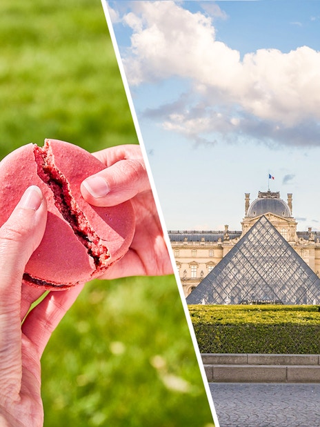 Macaron held in hand with Louvre Pyramid in Paris in the background.