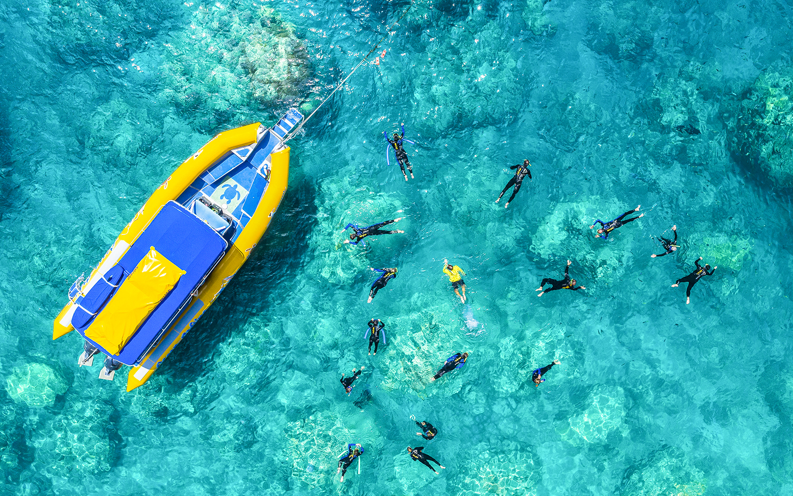 Snorkelers near a yellow boat in clear waters of Whitsundays, Australia.
