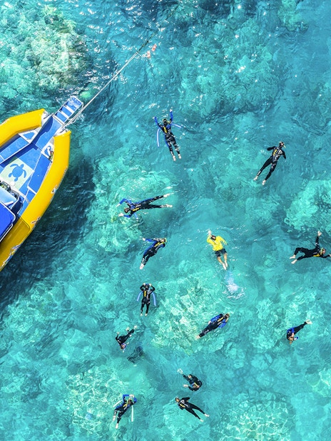 Snorkelers near a yellow boat in clear waters of Whitsundays, Australia.