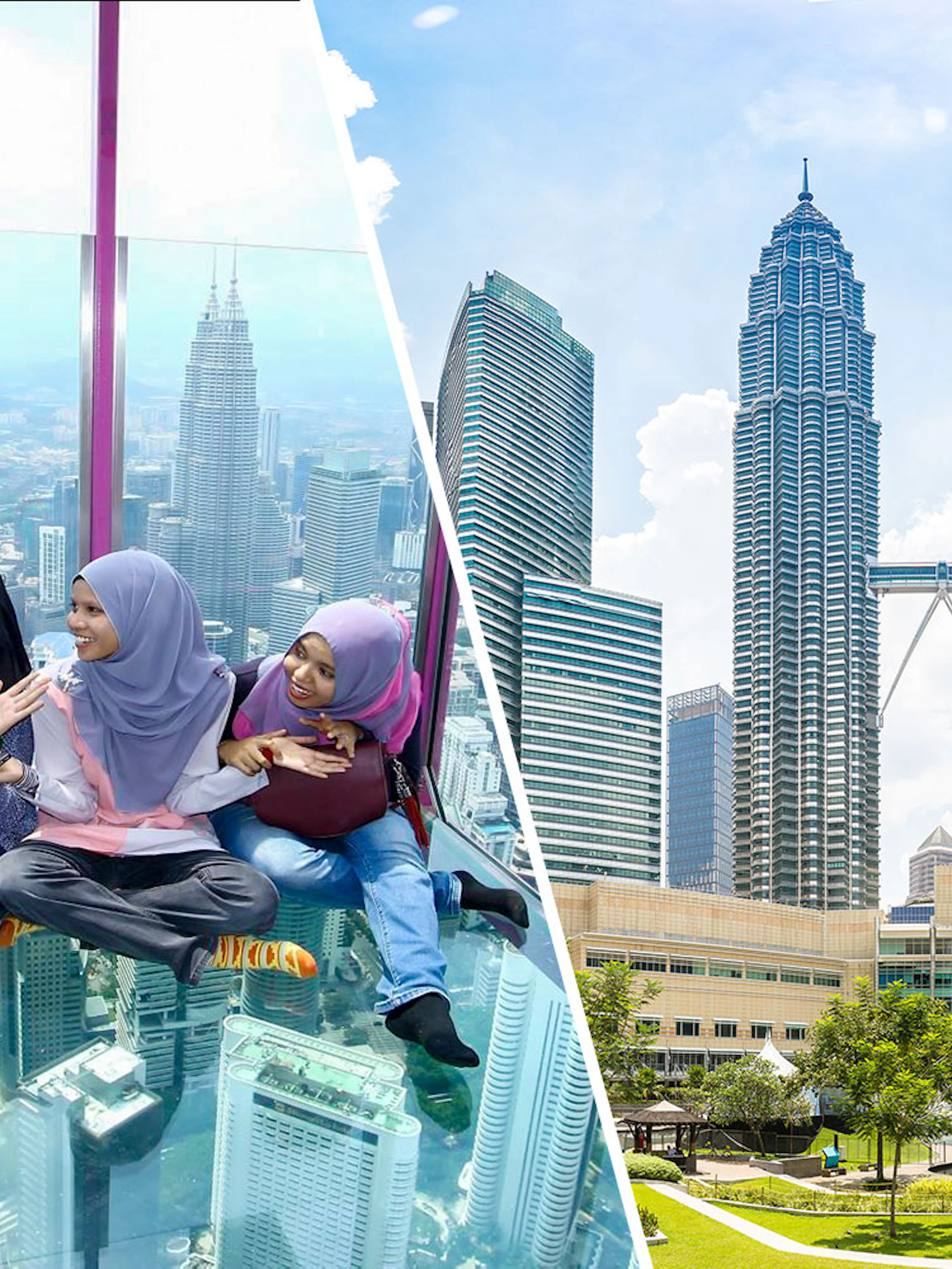 Visitors enjoying the glass sky deck with a view of Kuala Lumpur skyline and Petronas Towers.