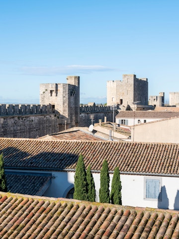Towers and walls of Aigues-Mortes with rooftops and trees in the foreground.