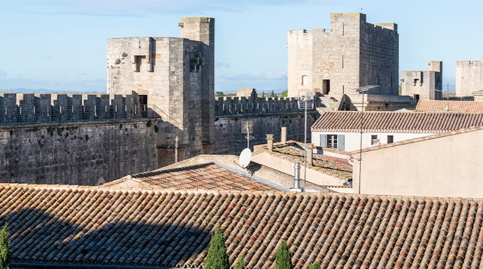 Towers and walls of Aigues-Mortes with rooftops and trees in the foreground.