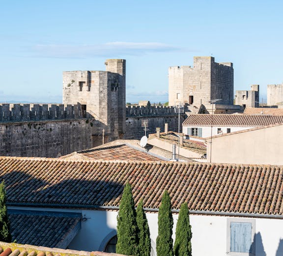 Towers and walls of Aigues-Mortes with rooftops and trees in the foreground.