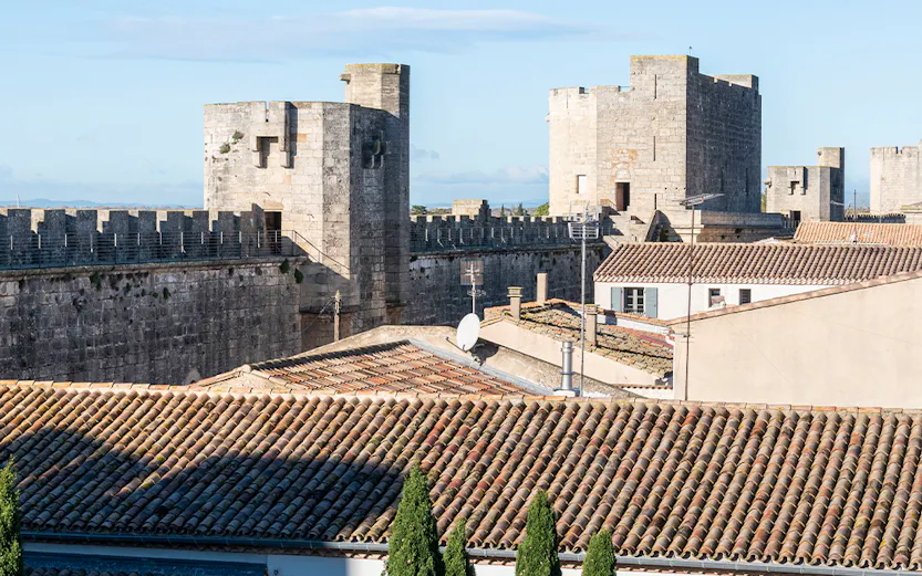 Towers and walls of Aigues-Mortes with rooftops and trees in the foreground.