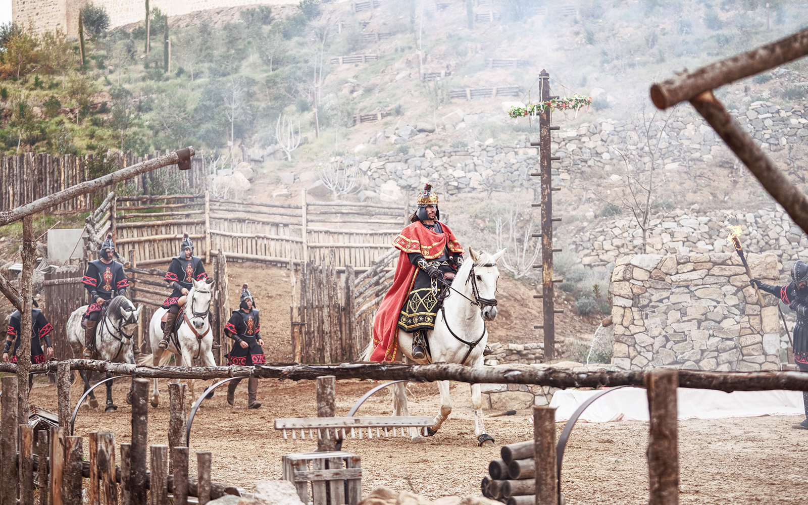 Riders in historical costumes on horseback at El Misterio De Sorbaces, Puy du Fou España.