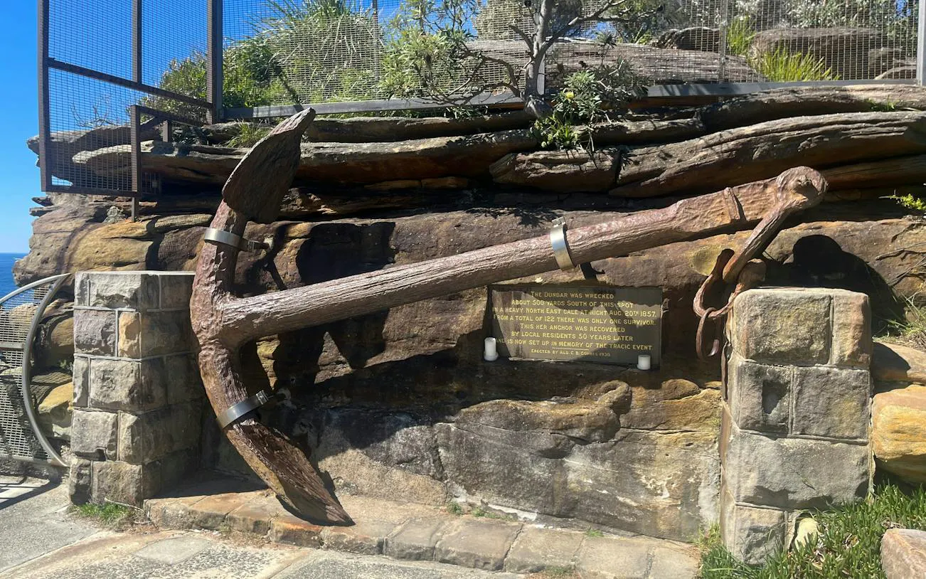 Anchor from Dunbar shipwreck displayed at Watsons Bay, Sydney, part of self-guided city exploration game.
