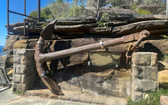 Anchor from Dunbar shipwreck displayed at Watsons Bay, Sydney, part of self-guided city exploration game.
