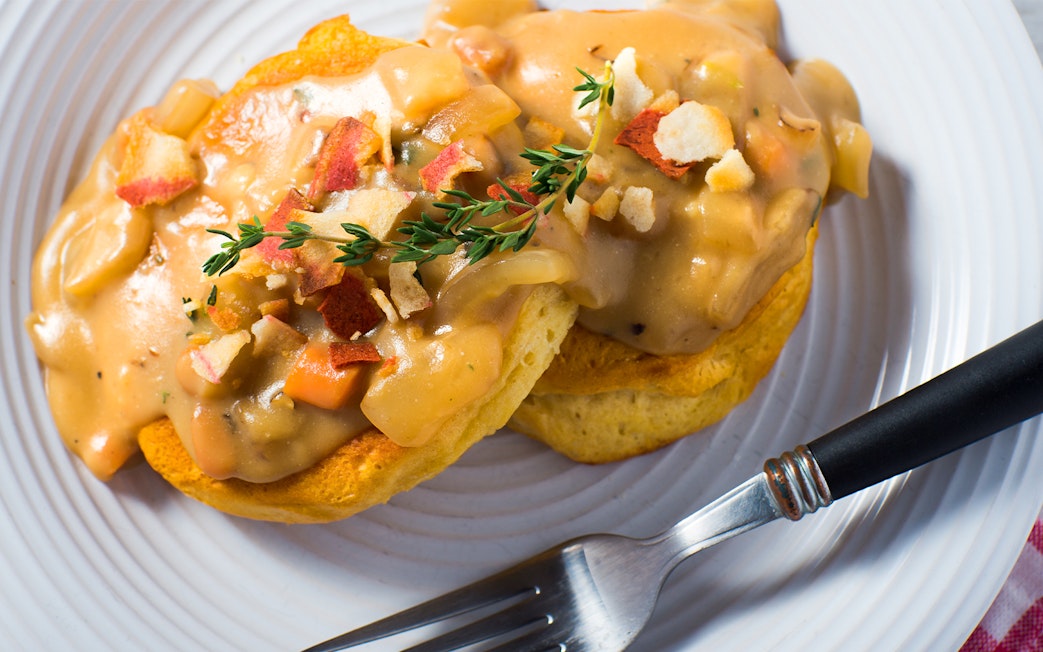 Biscuits and gravy on Steamboat Natchez Lunch Cruise plate.