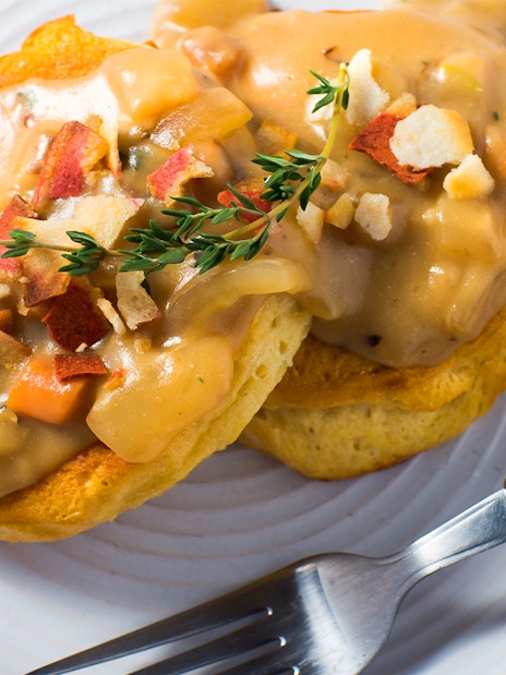 Biscuits and gravy on Steamboat Natchez Lunch Cruise plate.