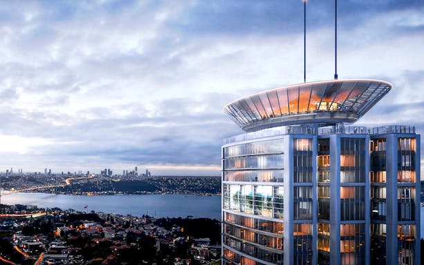 Emaar SkyView tower overlooking Bosphorus in Istanbul at dusk.