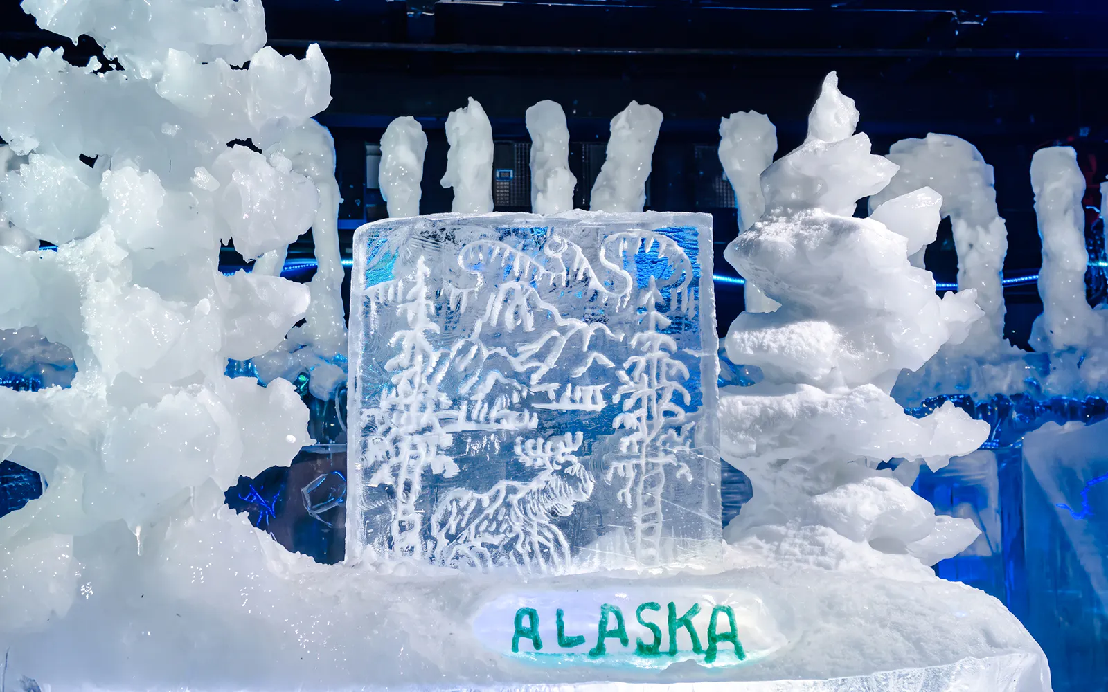 Ice sculpture with Alaska engraving at Chena Hot Springs tour.