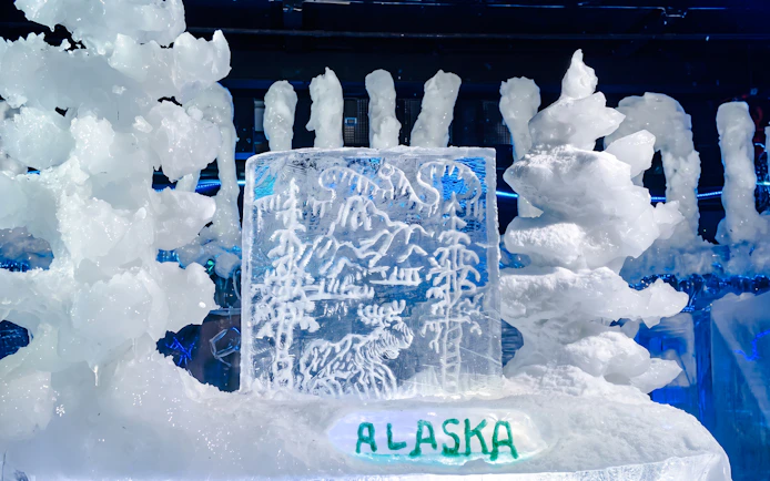 Ice sculpture with Alaska engraving at Chena Hot Springs tour.