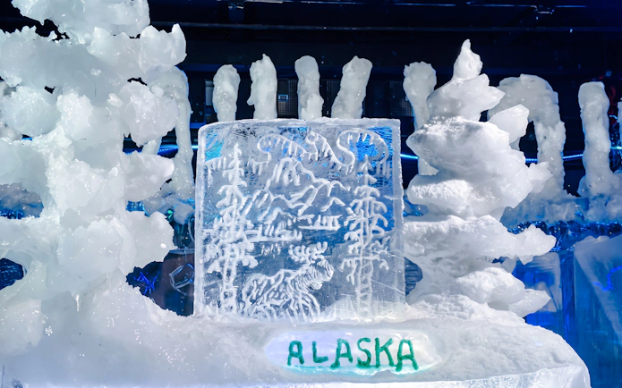 Ice sculpture with Alaska engraving at Chena Hot Springs tour.