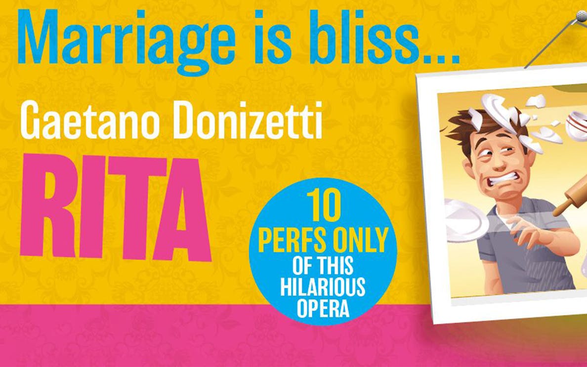Poster for Gaetano Donizetti's opera 'Rita' with comedic illustration and text highlighting limited performances.